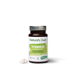 Tilskud: Natures own wholefood D3-vitamin 120 vegan tabletter a 62,5 μg (nok til 120 dage)